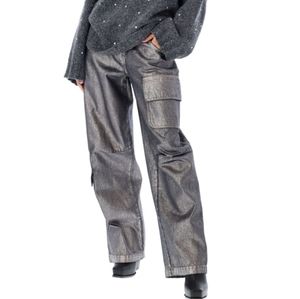 MSGM Glitter Laminated Cargo Jeans In Dark Grey